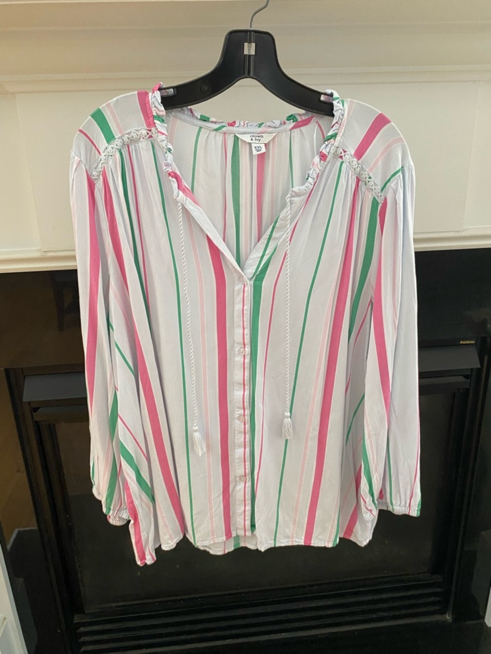 Crown &Ivy Women's Stripe Button-Front Peasant Blouse - White Pink Green